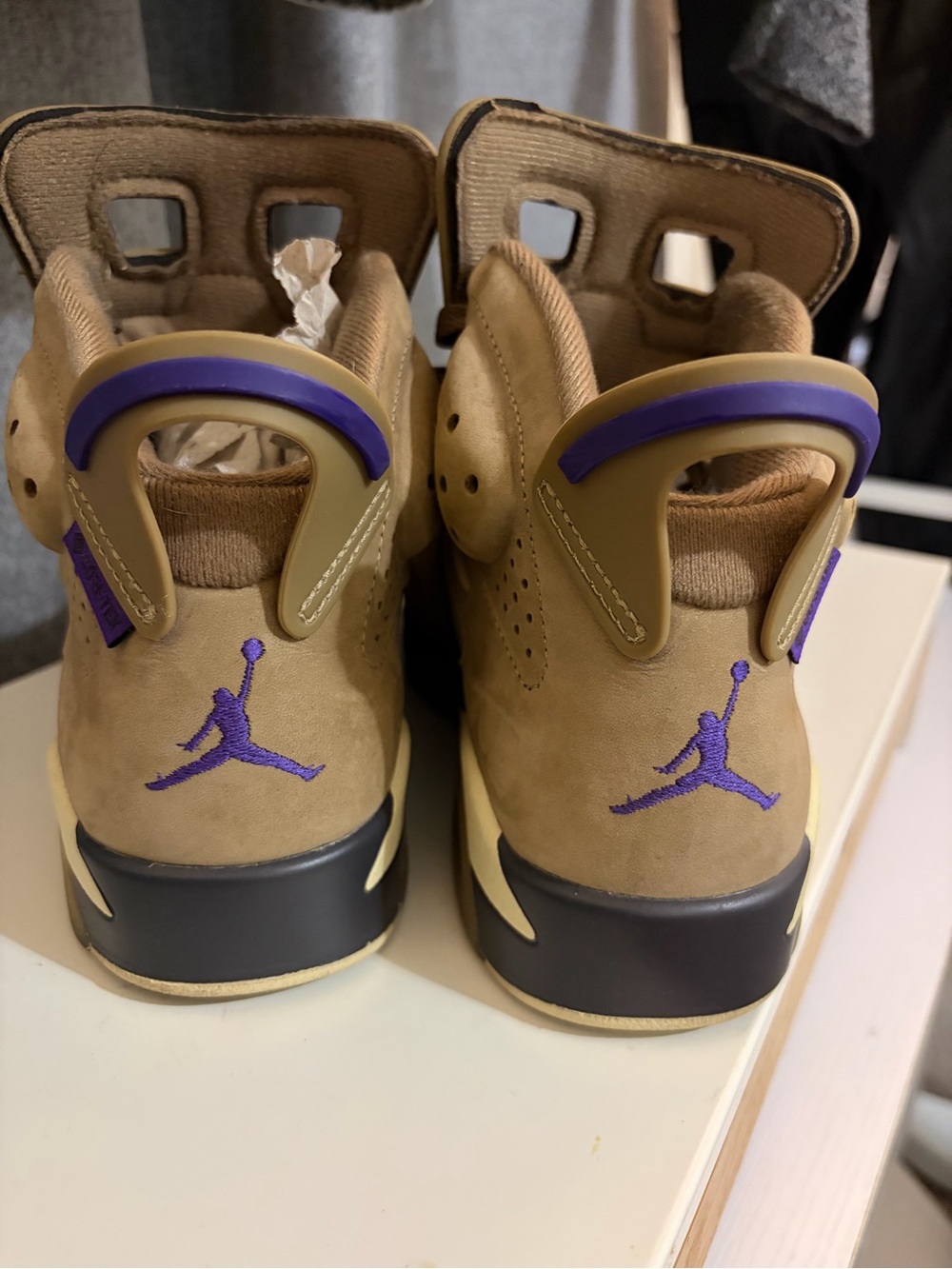 Jordan High-Top Sneakers in Tan with Purple Accents